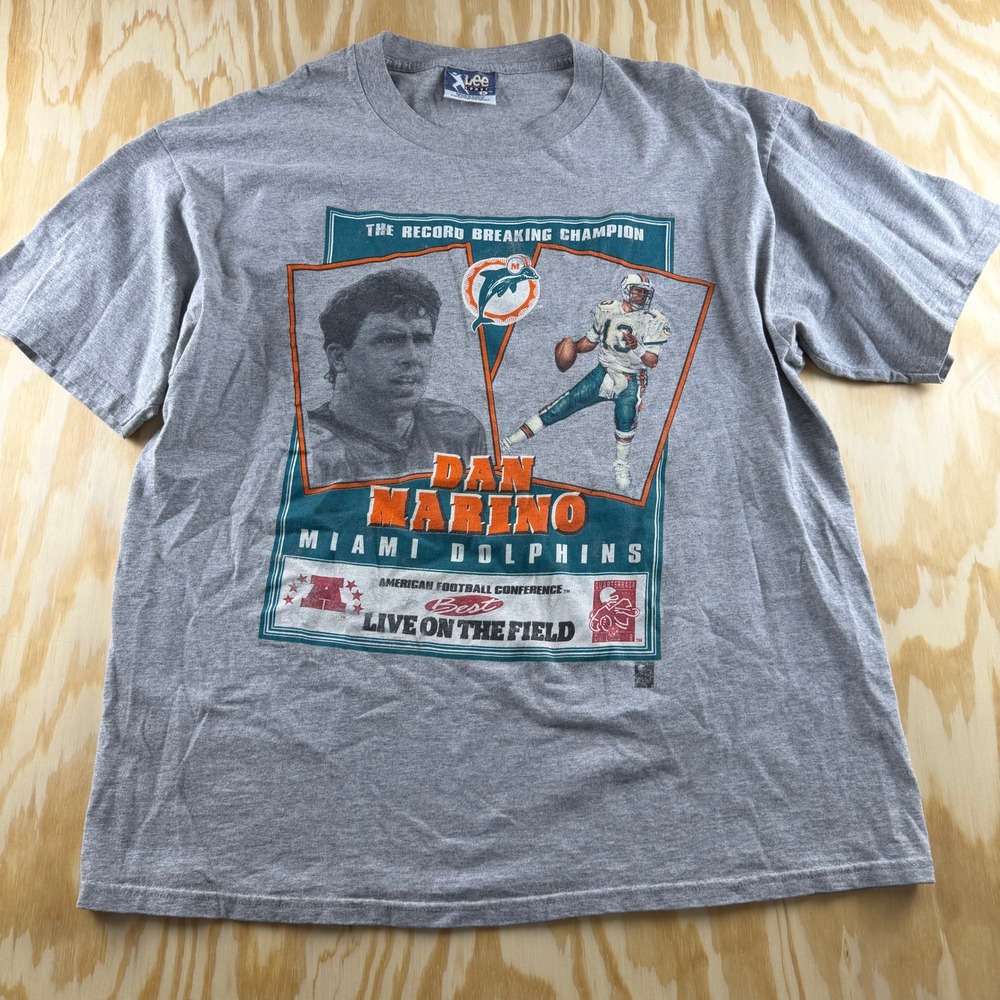 Vintage Lee Sport Dan Marino Miami Dolphins T Shirt Mens XL Gray NFL 90s Graphic